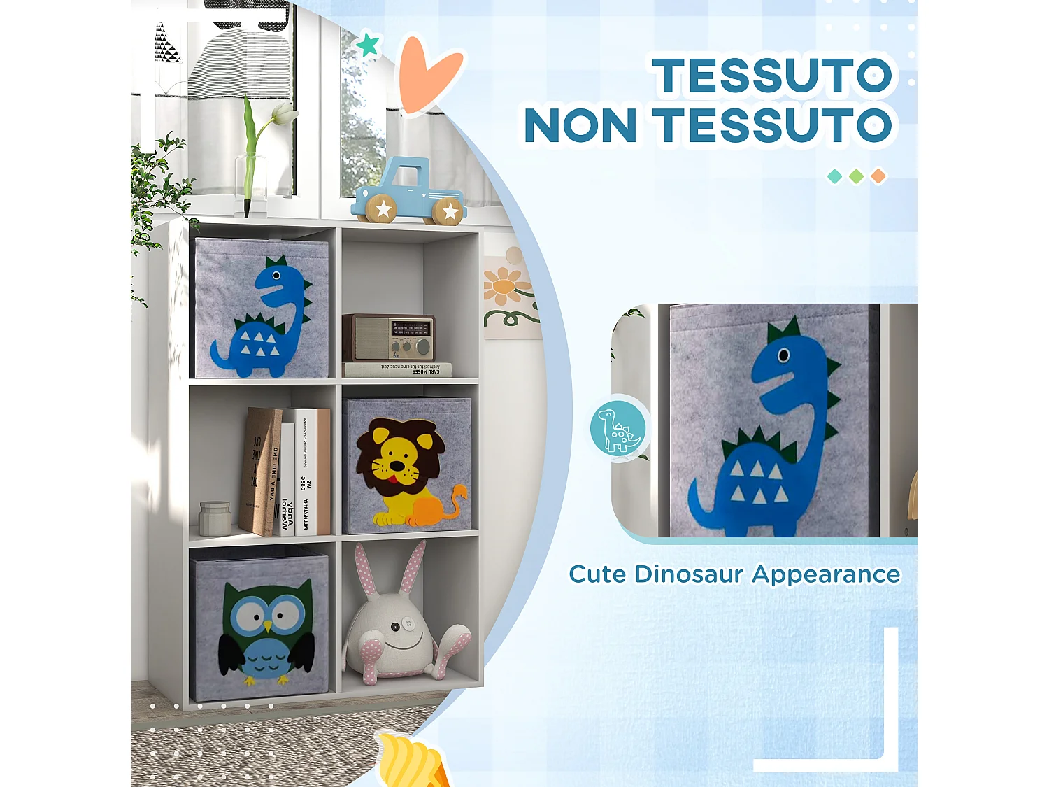 Scaffale portagiochi per bambini a 6 cubi grigio e bianco