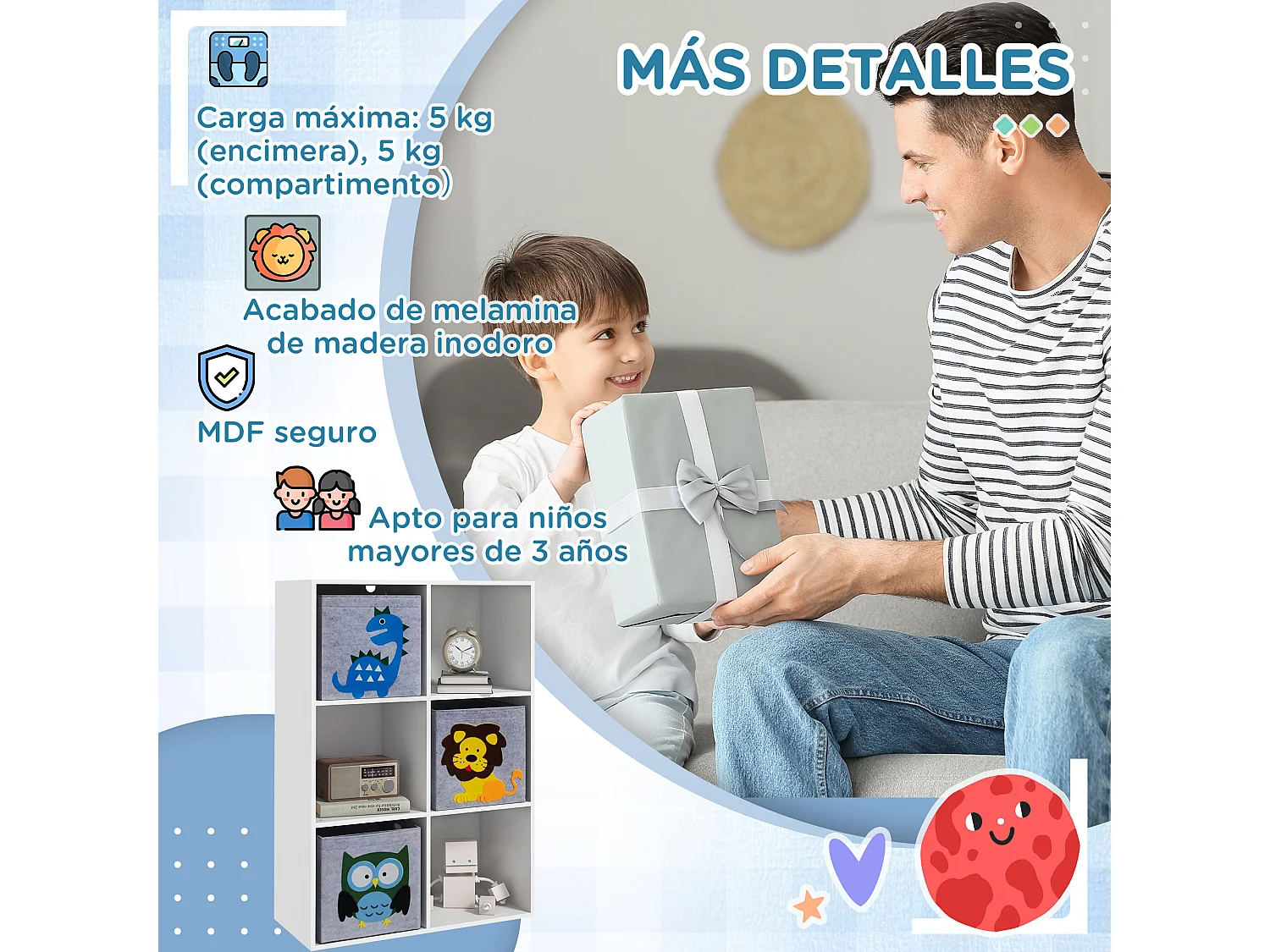 Scaffale portagiochi per bambini a 6 cubi grigio e bianco