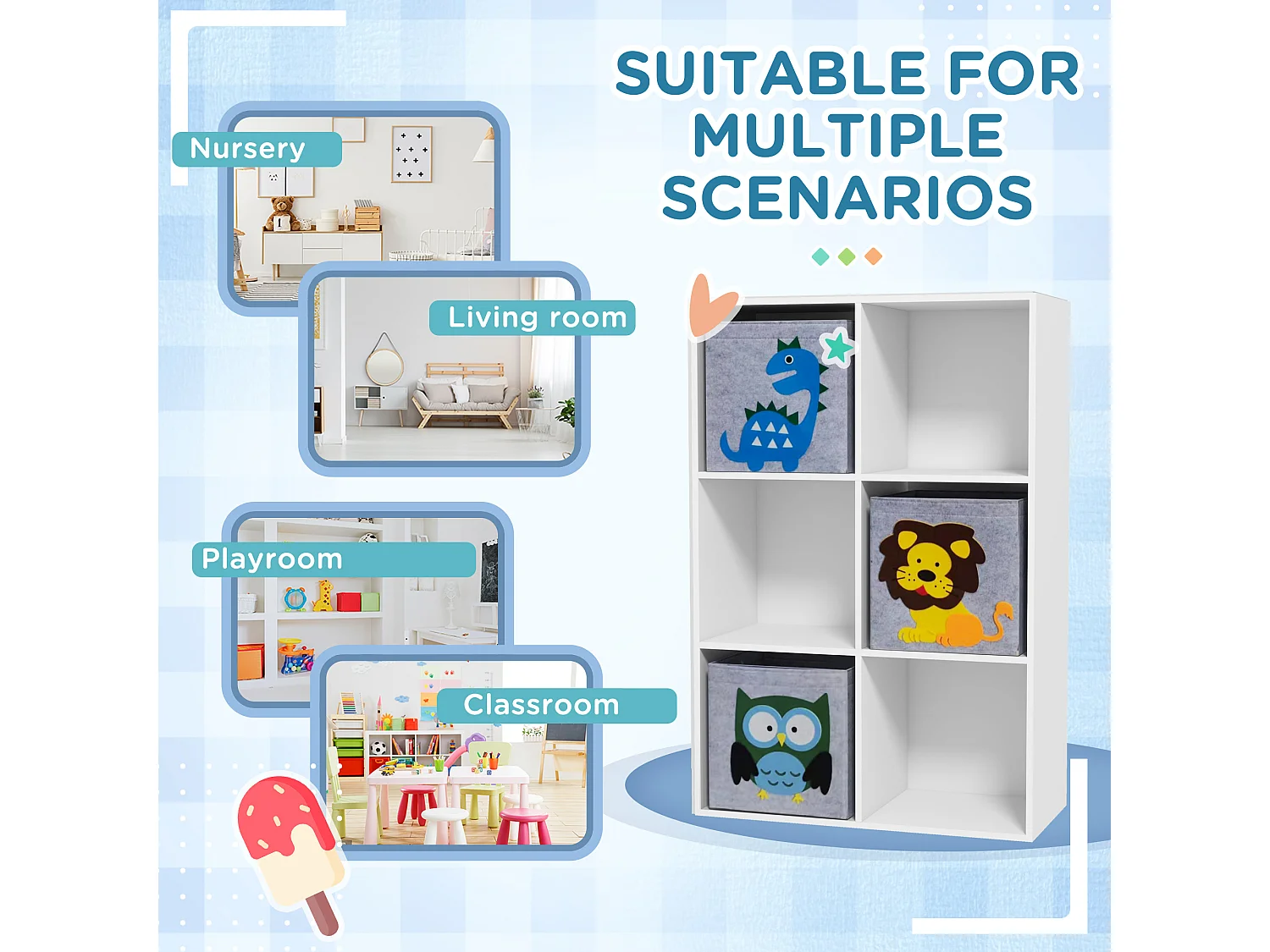 Scaffale portagiochi per bambini a 6 cubi grigio e bianco