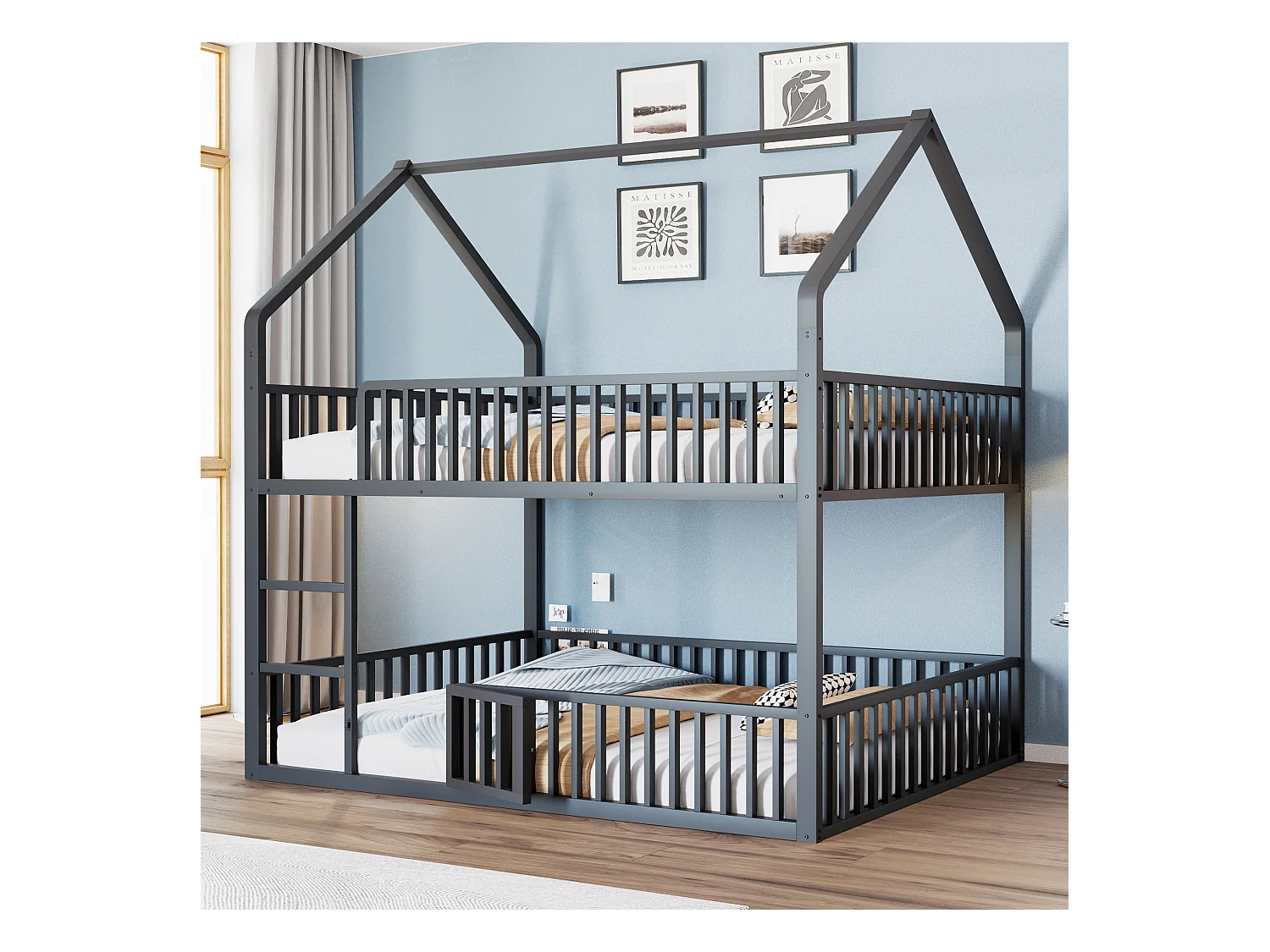 Kinder-Etagenbett aus Metall - 2 x 140 x 200 cm - mit Treppe + Tür - schwarz