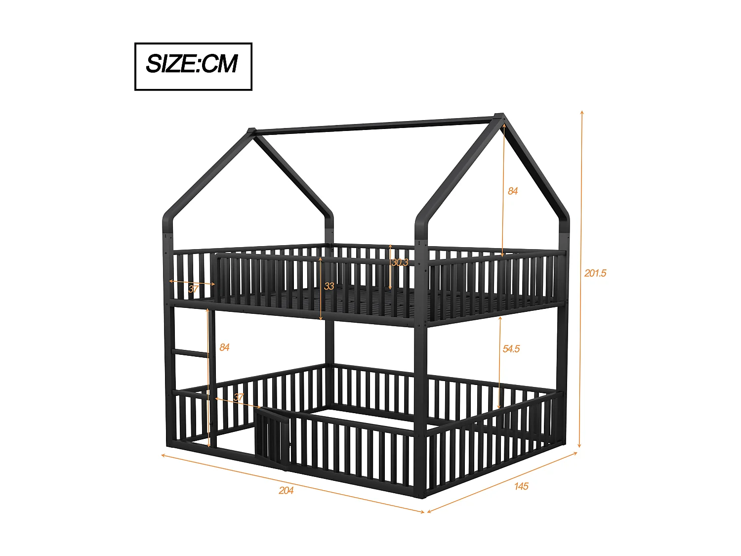 Kinder-Etagenbett aus Metall - 2 x 140 x 200 cm - mit Treppe + Tür - schwarz