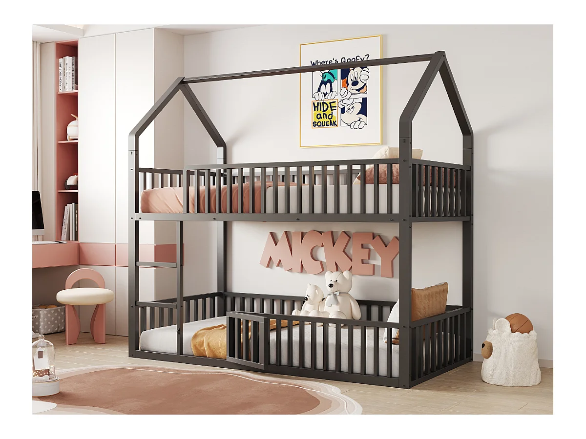 Kinderstapelbed van metaal - 2 x 90 x 200 cm - met trap + deur - zwart