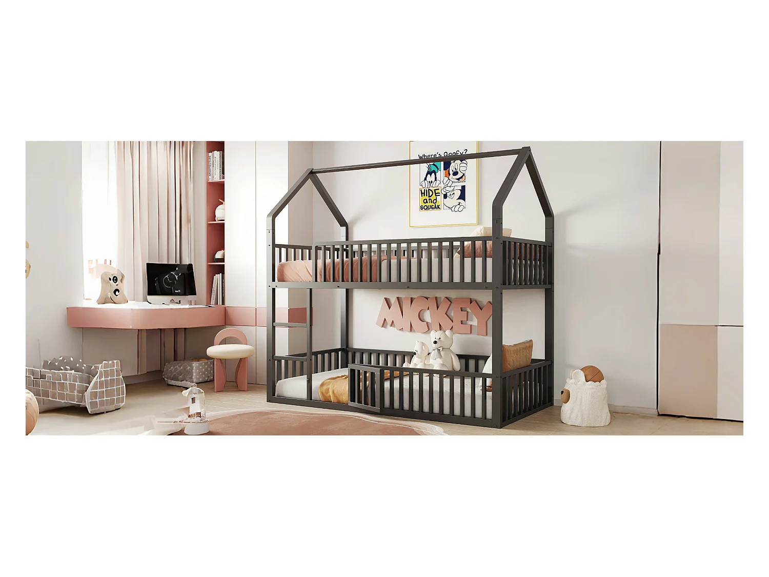 Kinderstapelbed van metaal - 2 x 90 x 200 cm - met trap + deur - zwart