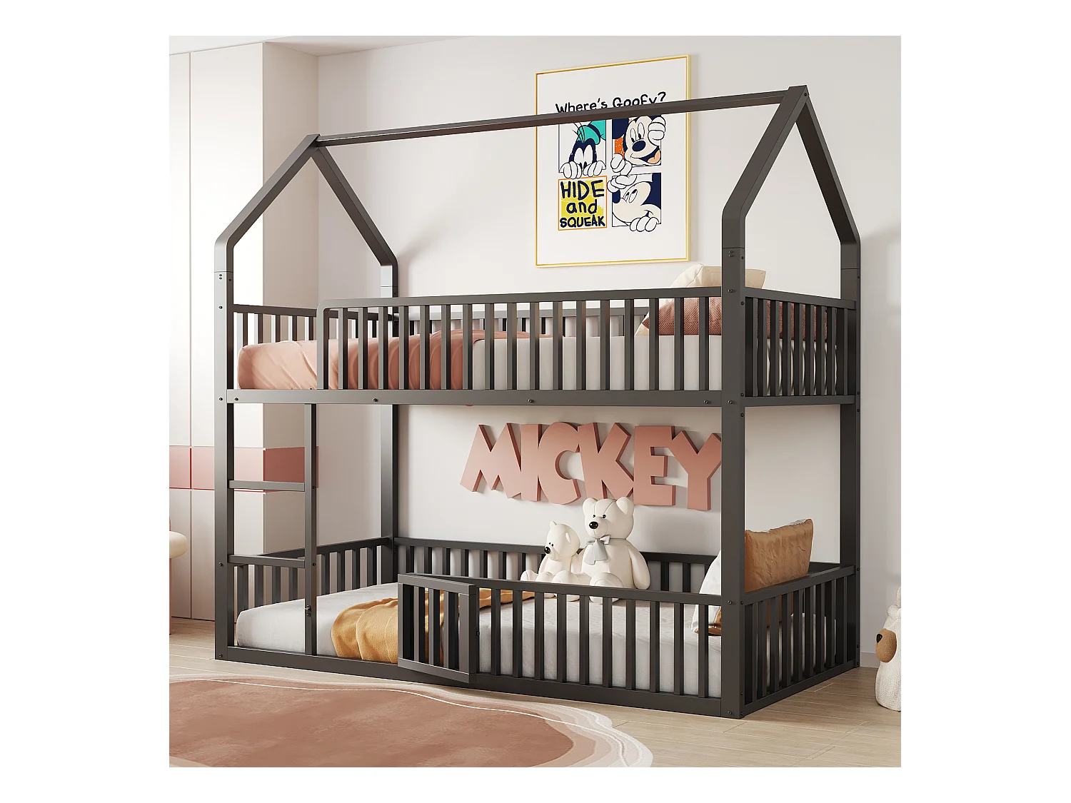 Lit superposés en métal pour enfant - 2 x 90 x 200 cm - avec escalier + porte - noir