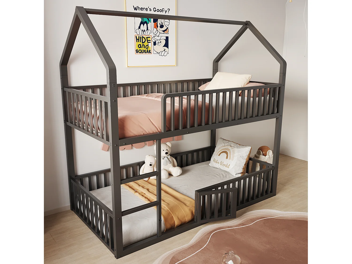 Lit superposés en métal pour enfant - 2 x 90 x 200 cm - avec escalier + porte - noir