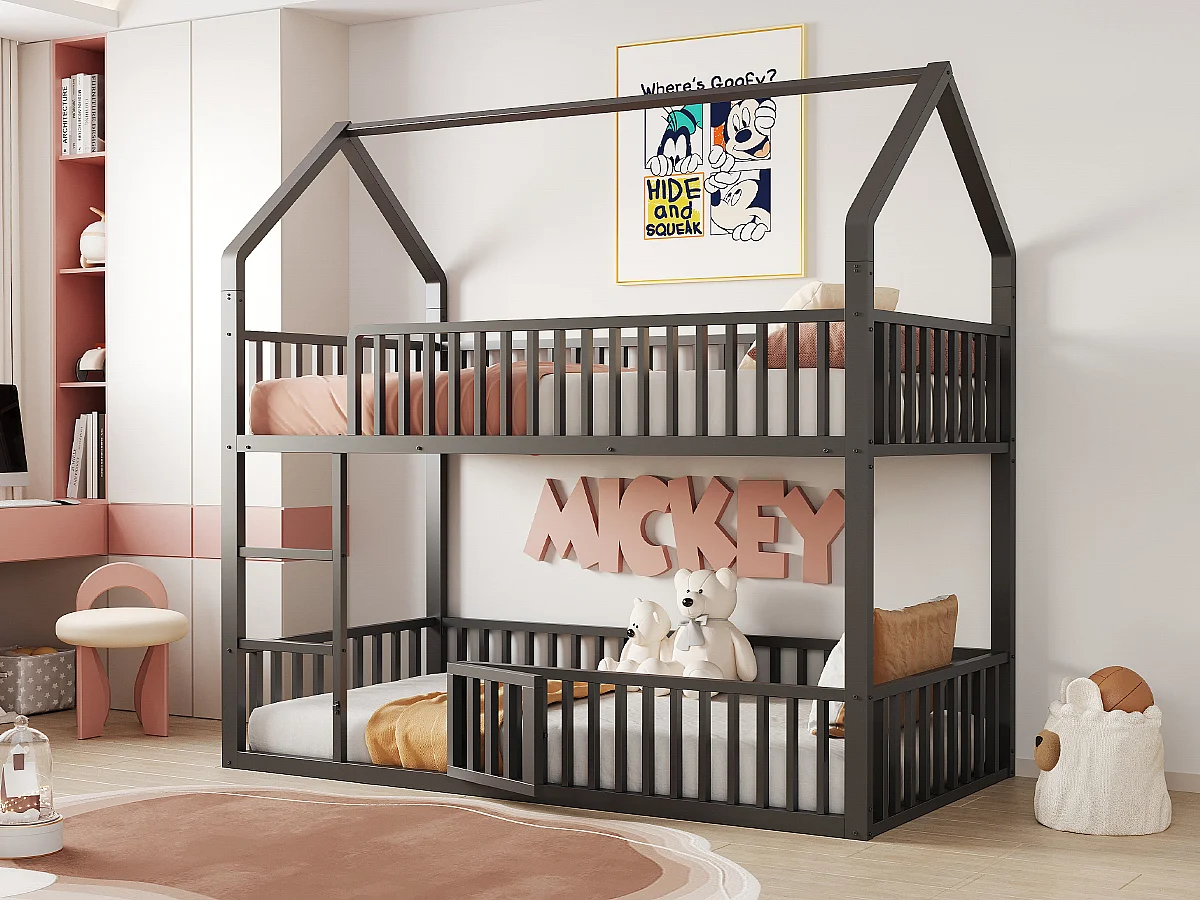 Lit superposés en métal pour enfant - 2 x 90 x 200 cm - avec escalier + porte - noir