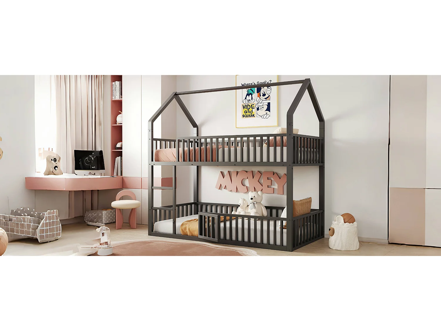 Lit superposés en métal pour enfant - 2 x 90 x 200 cm - avec escalier + porte - noir