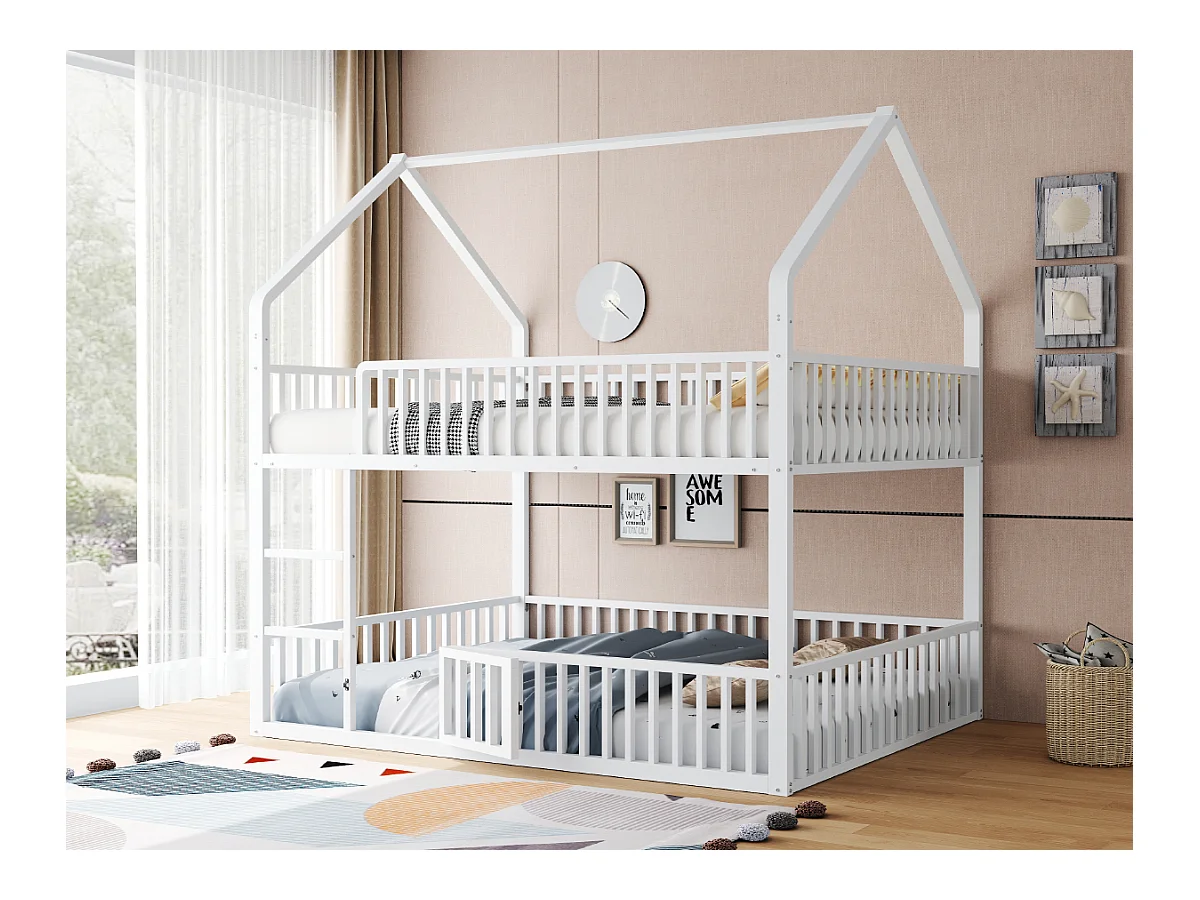 Beliche infantil de metal - 2 x 140 x 200 cm - com escada + porta - branco