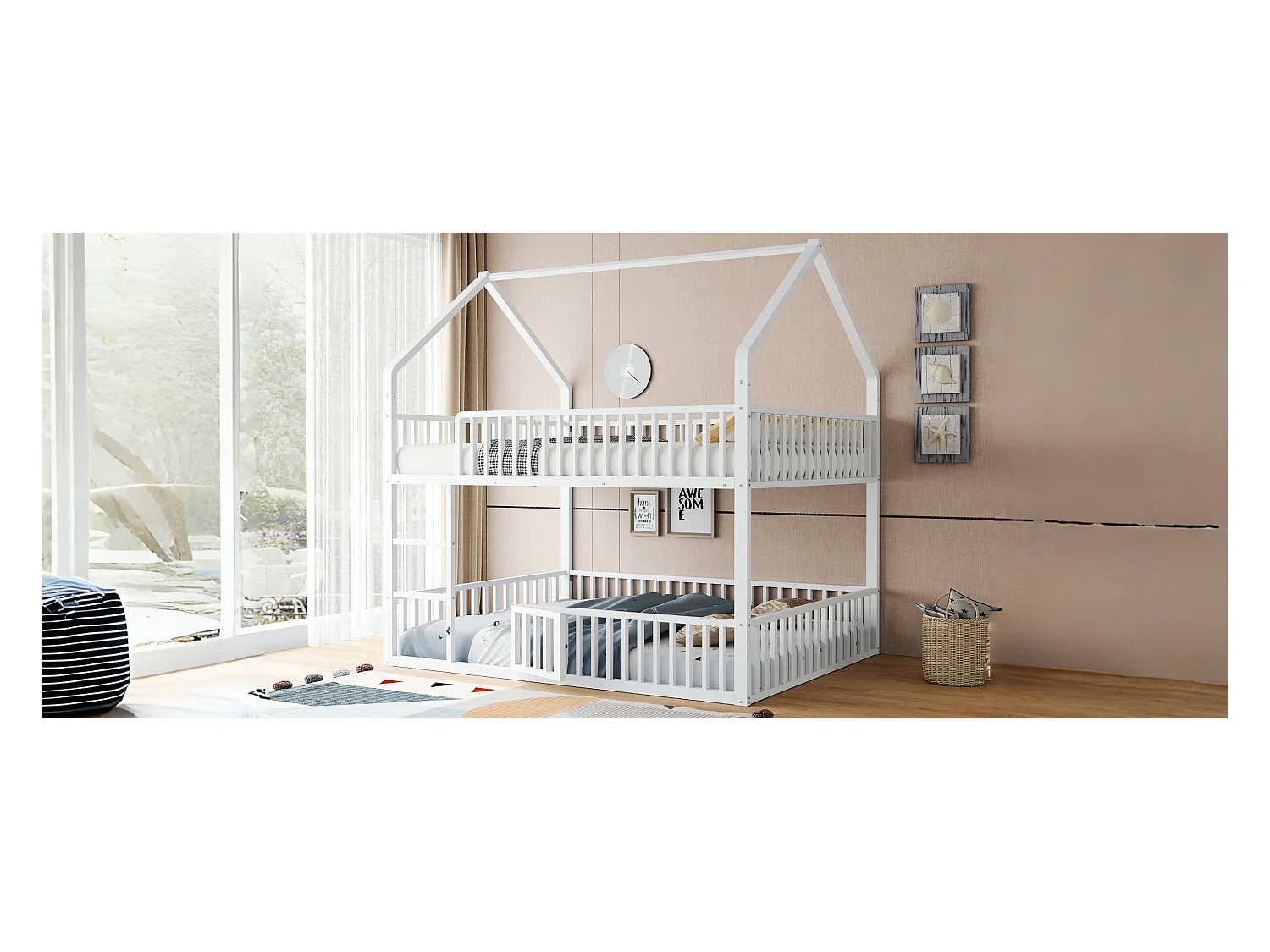 Beliche infantil de metal - 2 x 140 x 200 cm - com escada + porta - branco