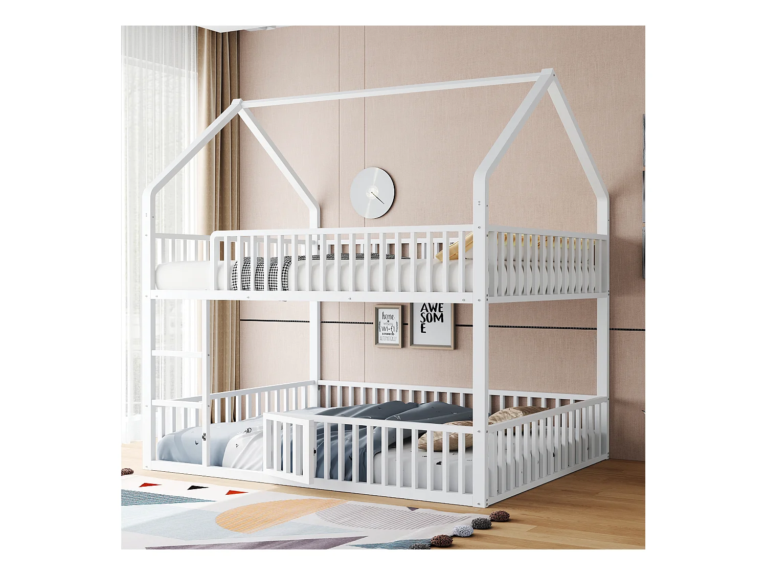 Kinder-Etagenbett aus Metall - 2 x 140 x 200 cm - mit Treppe + Tür - weiß