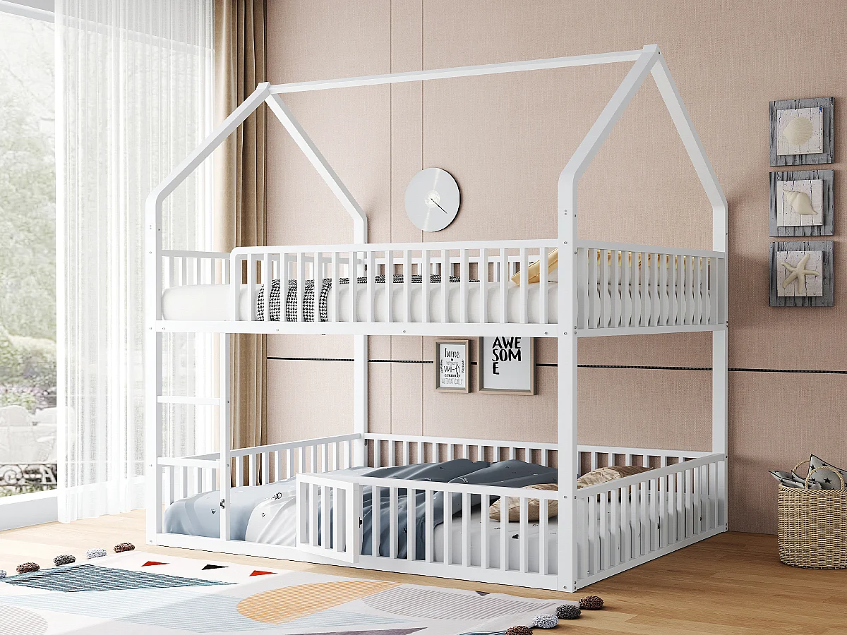 Kinderstapelbed van metaal - 2 x 140 x 200 cm - met trap + deur - wit