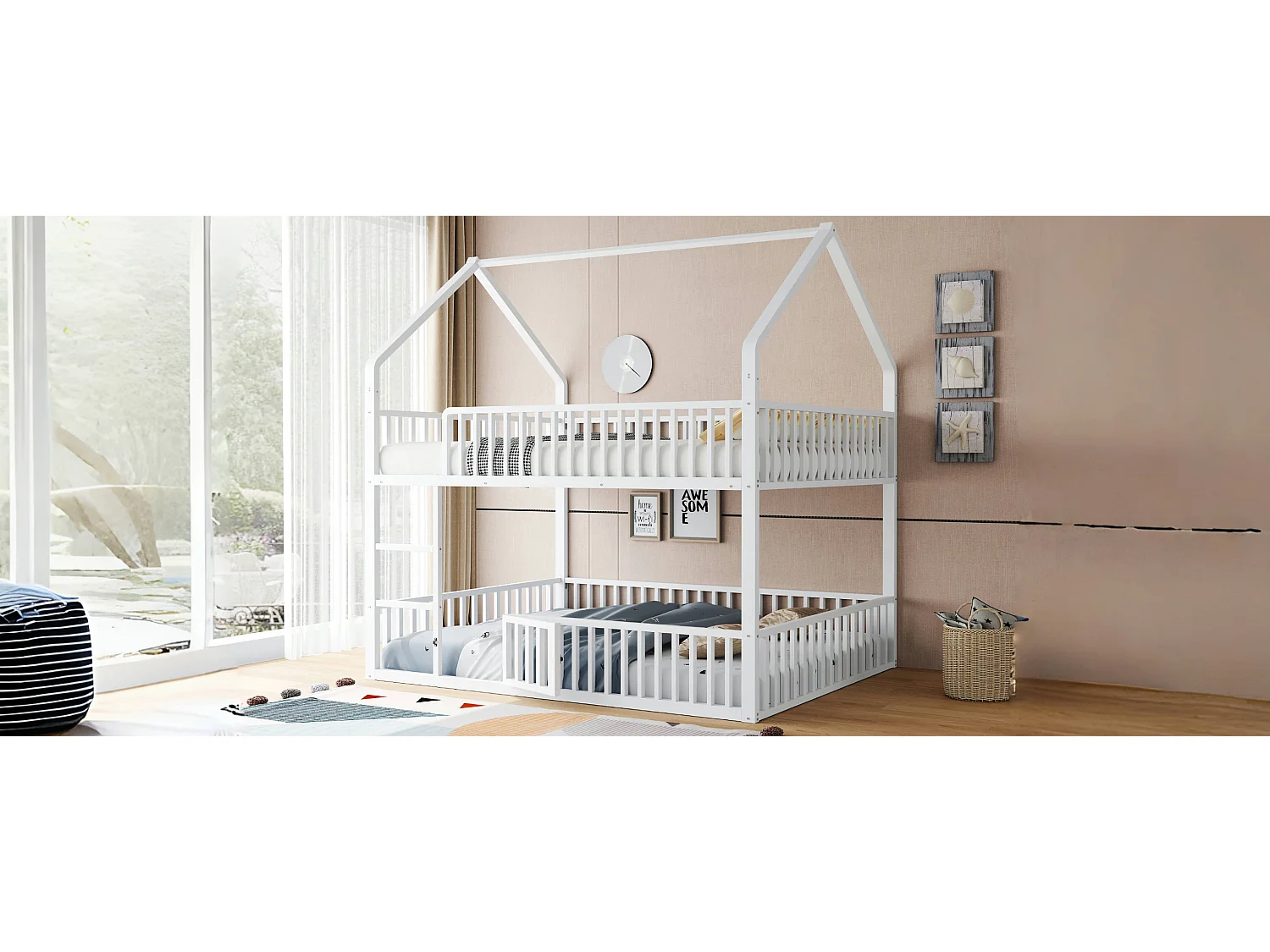 Kinderstapelbed van metaal - 2 x 140 x 200 cm - met trap + deur - wit