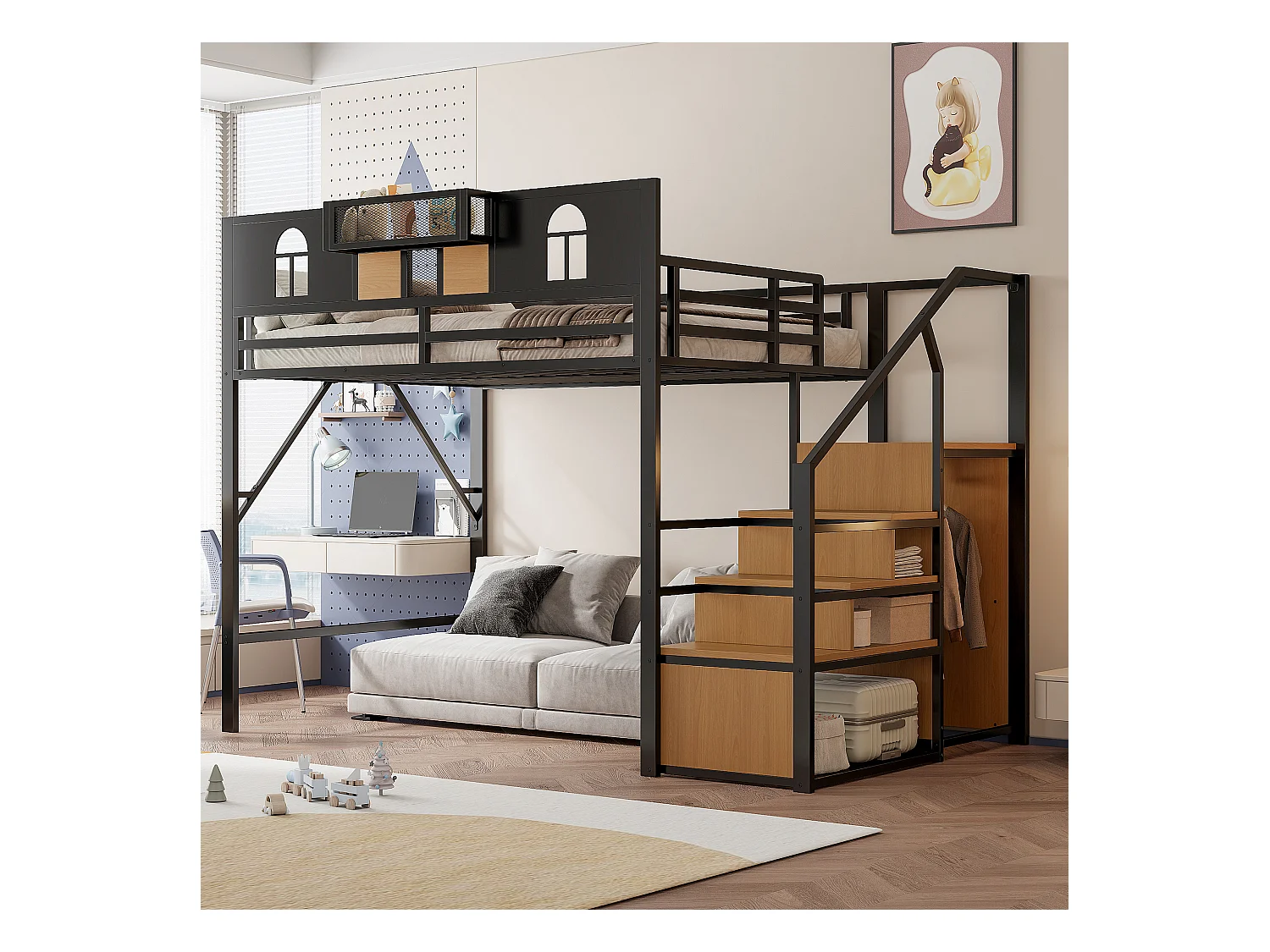 Lit mezzanine en métal - 140 x 200 cm - avec échelle de rangement + fenêtre + barrières - noir