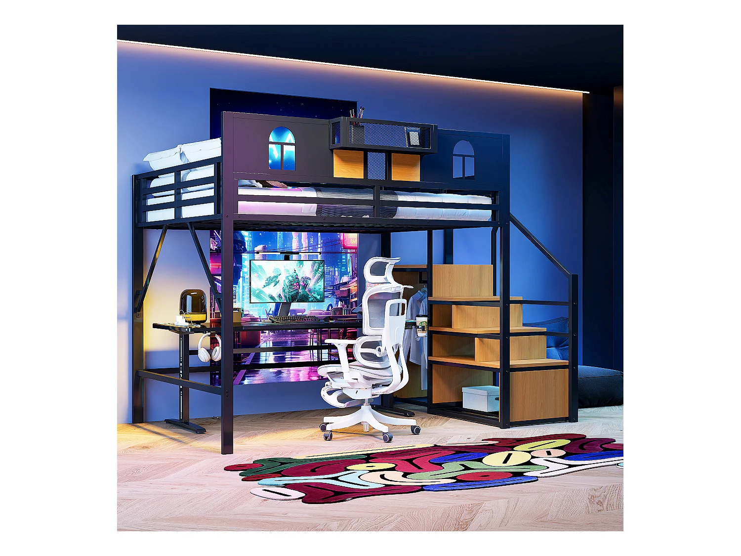 Lit mezzanine en métal - 140 x 200 cm - avec échelle de rangement + fenêtre + barrières - noir