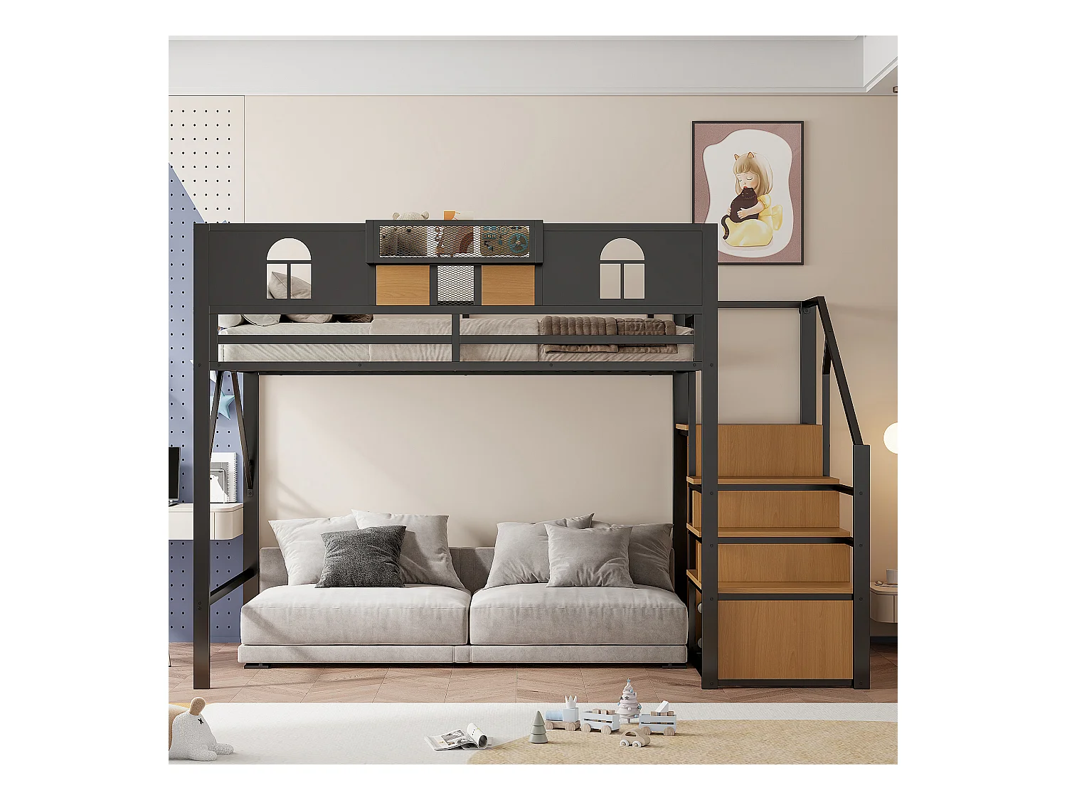 Lit mezzanine en métal - 140 x 200 cm - avec échelle de rangement + fenêtre + barrières - noir