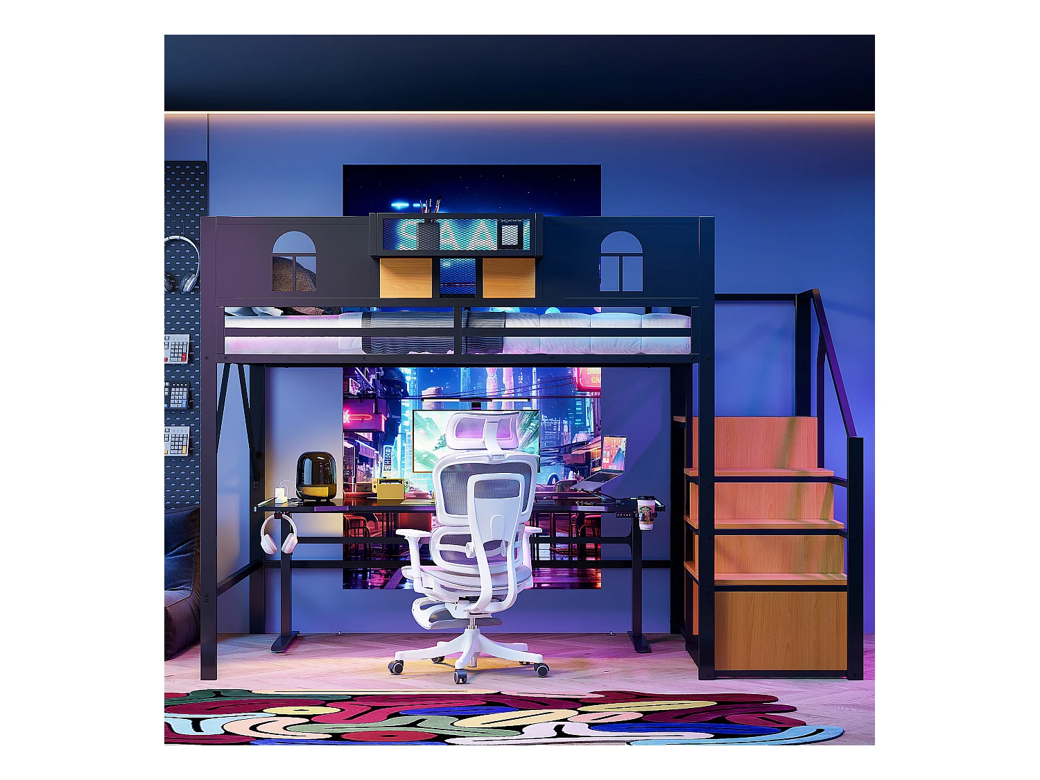 Lit mezzanine en métal - 140 x 200 cm - avec échelle de rangement + fenêtre + barrières - noir