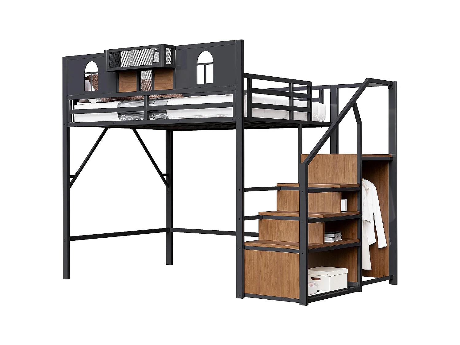 Lit mezzanine en métal - 140 x 200 cm - avec échelle de rangement + fenêtre + barrières - noir