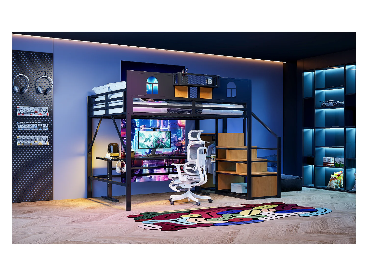 Lit mezzanine en métal - 140 x 200 cm - avec échelle de rangement + fenêtre + barrières - noir