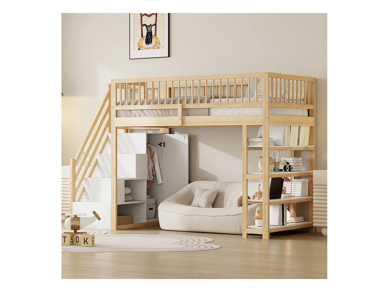 Kinderhochbett - 90 x 200 - mit Kleiderschrank + Regale + Stauraumtreppe - Holz - Natur hell
