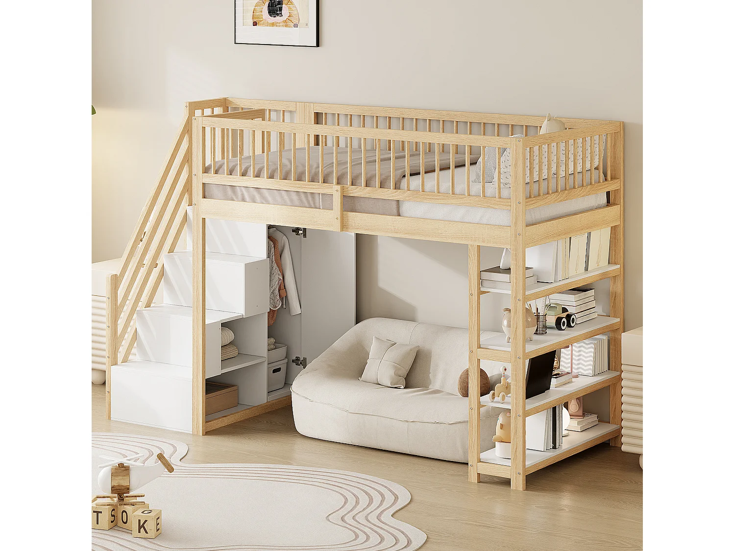 Kinderhochbett - 90 x 200 - mit Kleiderschrank + Regale + Stauraumtreppe - Holz - Natur hell