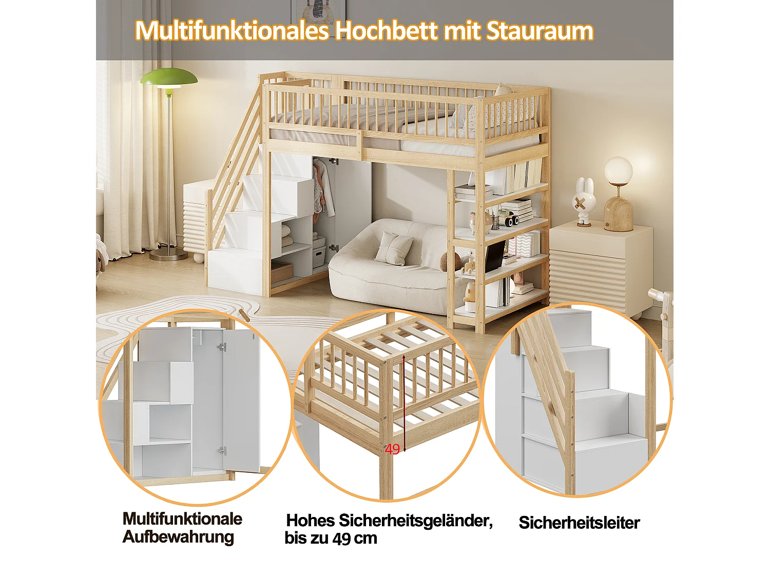 Kinderhochbett - 90 x 200 - mit Kleiderschrank + Regale + Stauraumtreppe - Holz - Natur hell