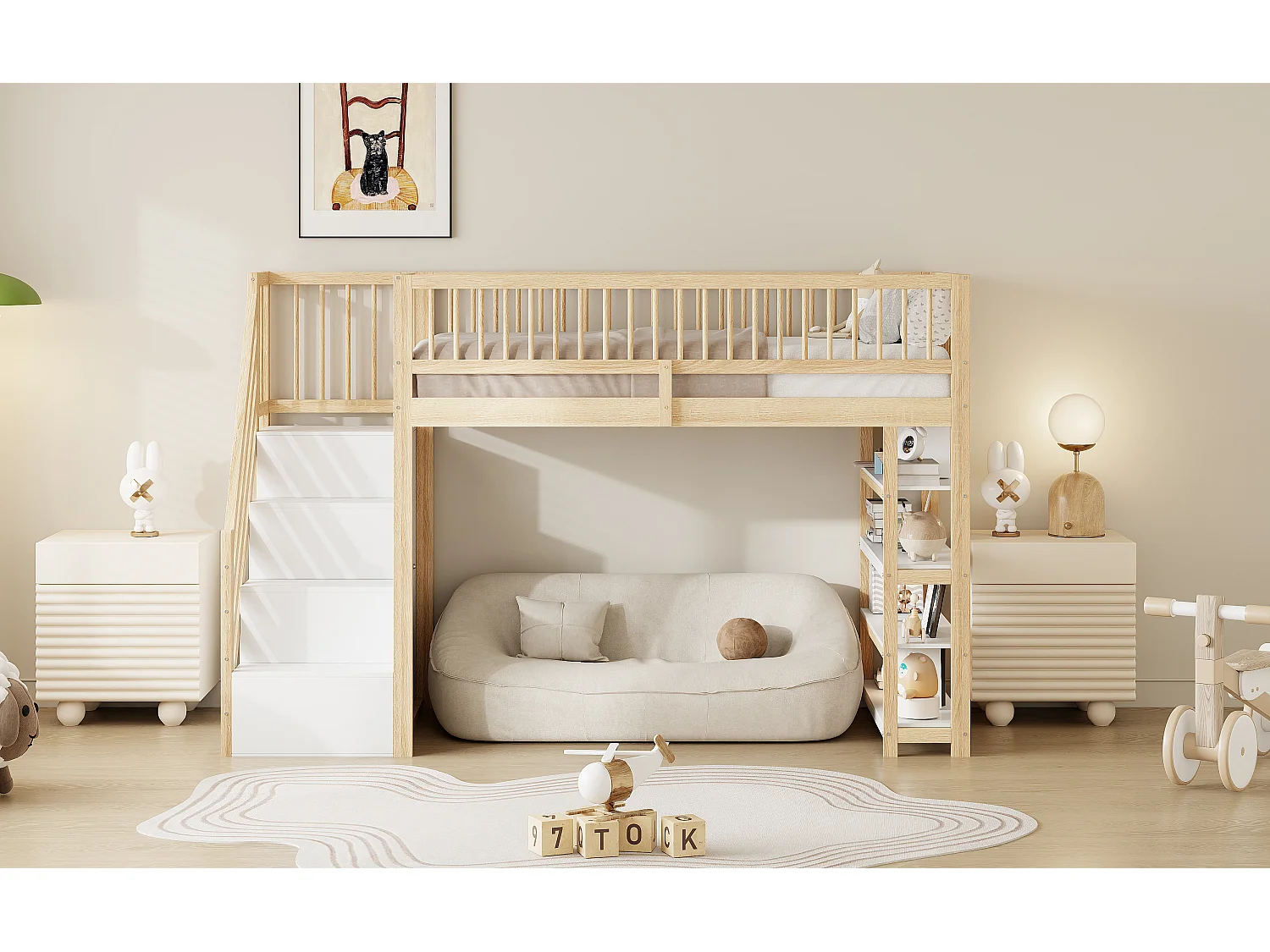 Kinderhochbett - 90 x 200 - mit Kleiderschrank + Regale + Stauraumtreppe - Holz - Natur hell