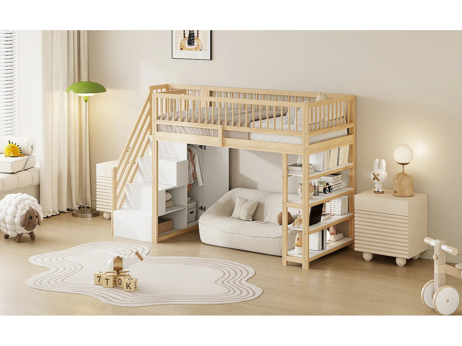 Kinderhochbett - 90 x 200 - mit Kleiderschrank + Regale + Stauraumtreppe - Holz - Natur hell