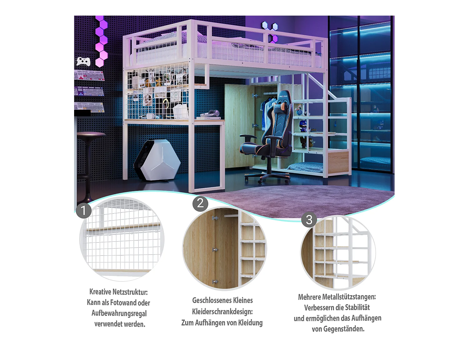 Lit mezzanine en métal - 140 x 200 cm - avec échelle de rangement + penderie + table - blanc