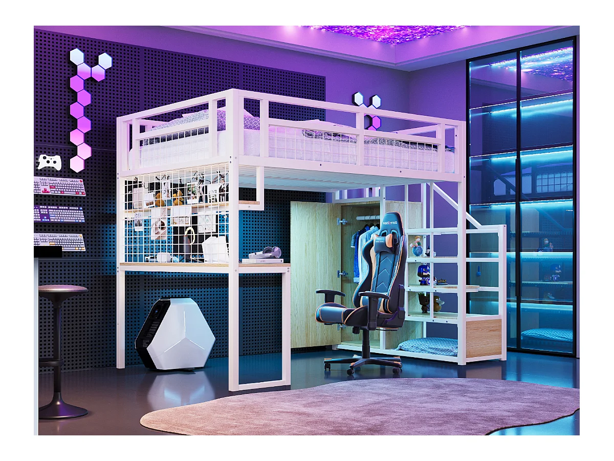 Lit mezzanine en métal - 140 x 200 cm - avec échelle de rangement + penderie + table - blanc