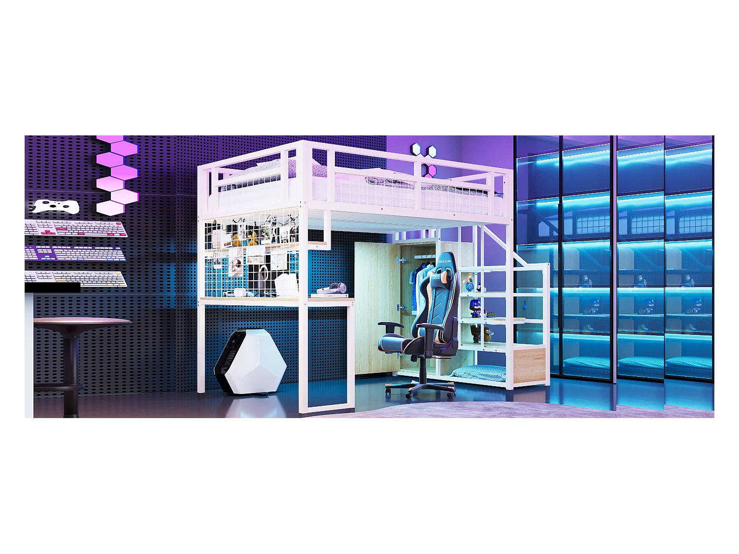 Lit mezzanine en métal - 140 x 200 cm - avec échelle de rangement + penderie + table - blanc