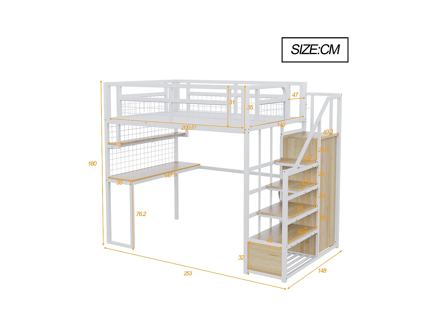Lit mezzanine en métal - 140 x 200 cm - avec échelle de rangement + penderie + table - blanc