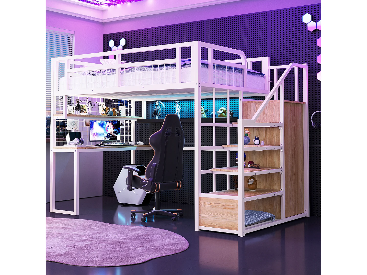 Lit mezzanine en métal - 140 x 200 cm - avec échelle de rangement + penderie + table - blanc