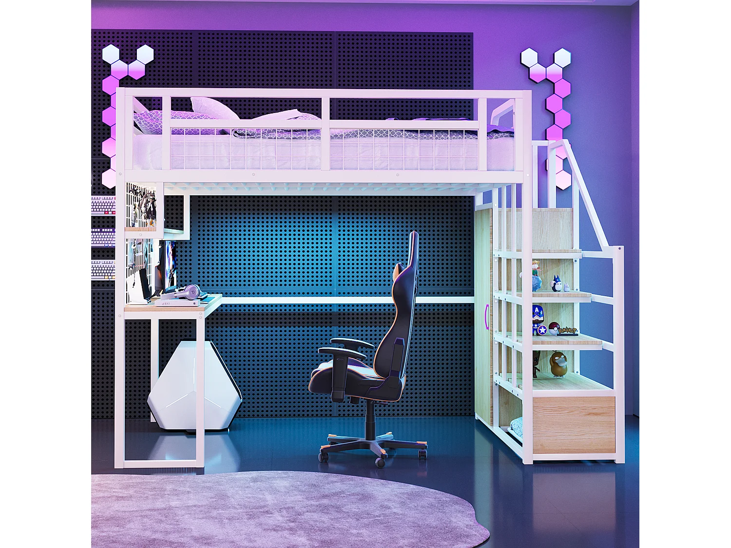 Lit mezzanine en métal - 140 x 200 cm - avec échelle de rangement + penderie + table - blanc