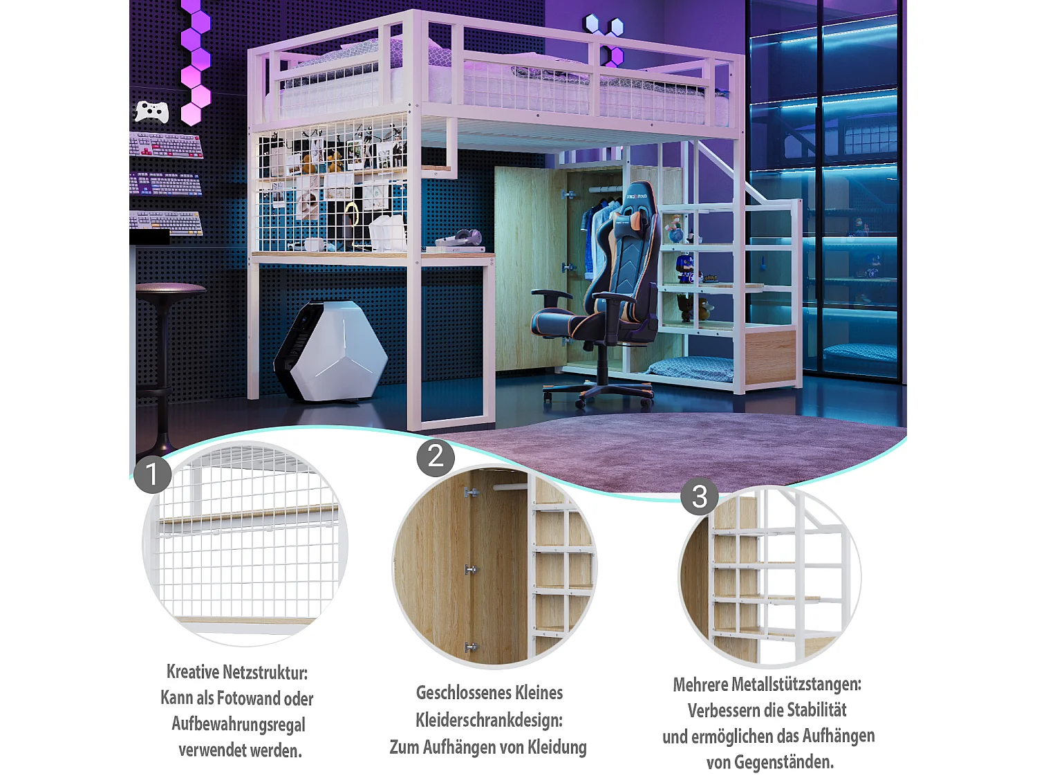 Lit mezzanine en métal - 140 x 200 cm - avec échelle de rangement + penderie + table - blanc