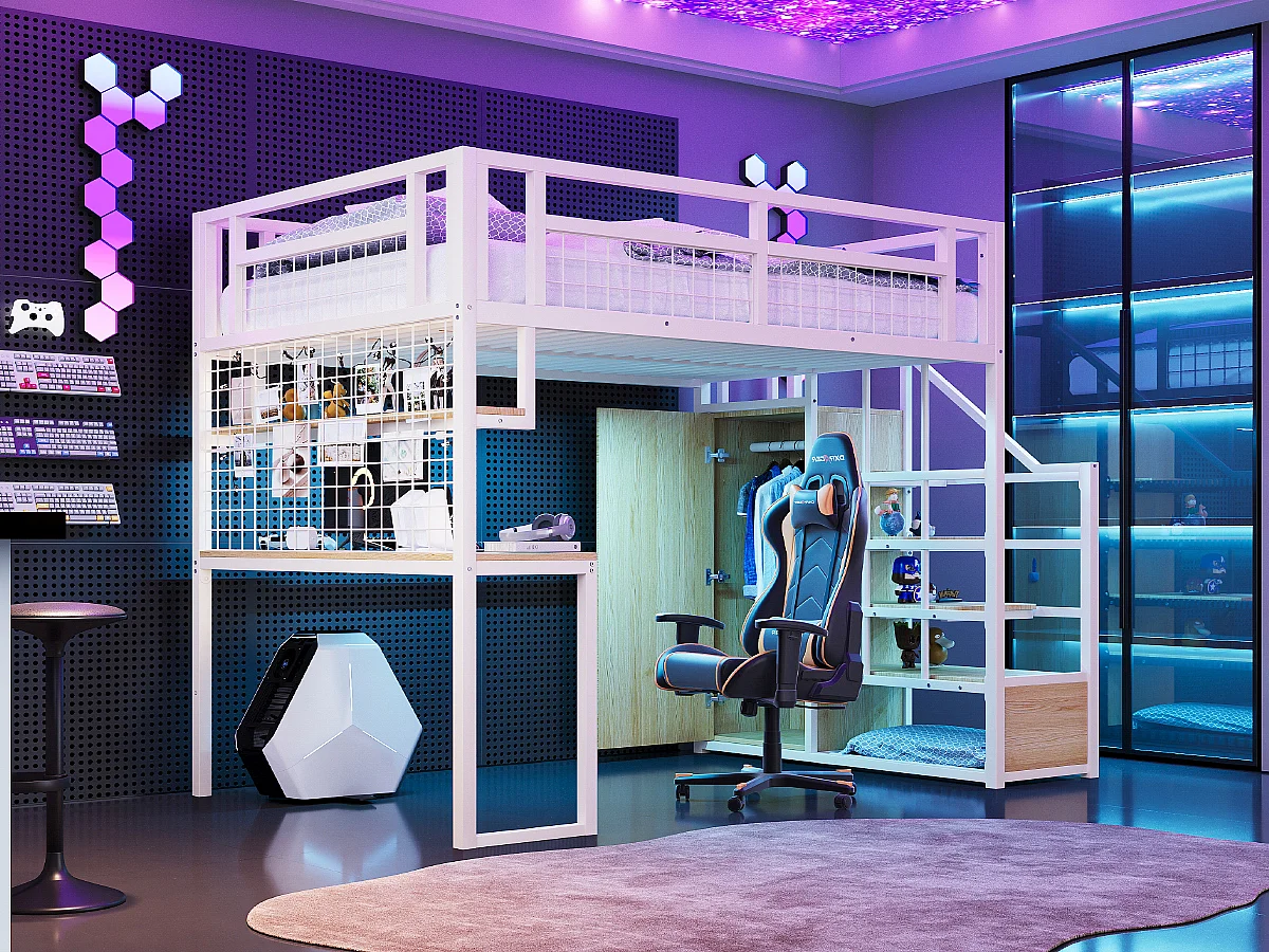 Lit mezzanine en métal - 140 x 200 cm - avec échelle de rangement + penderie + table - blanc