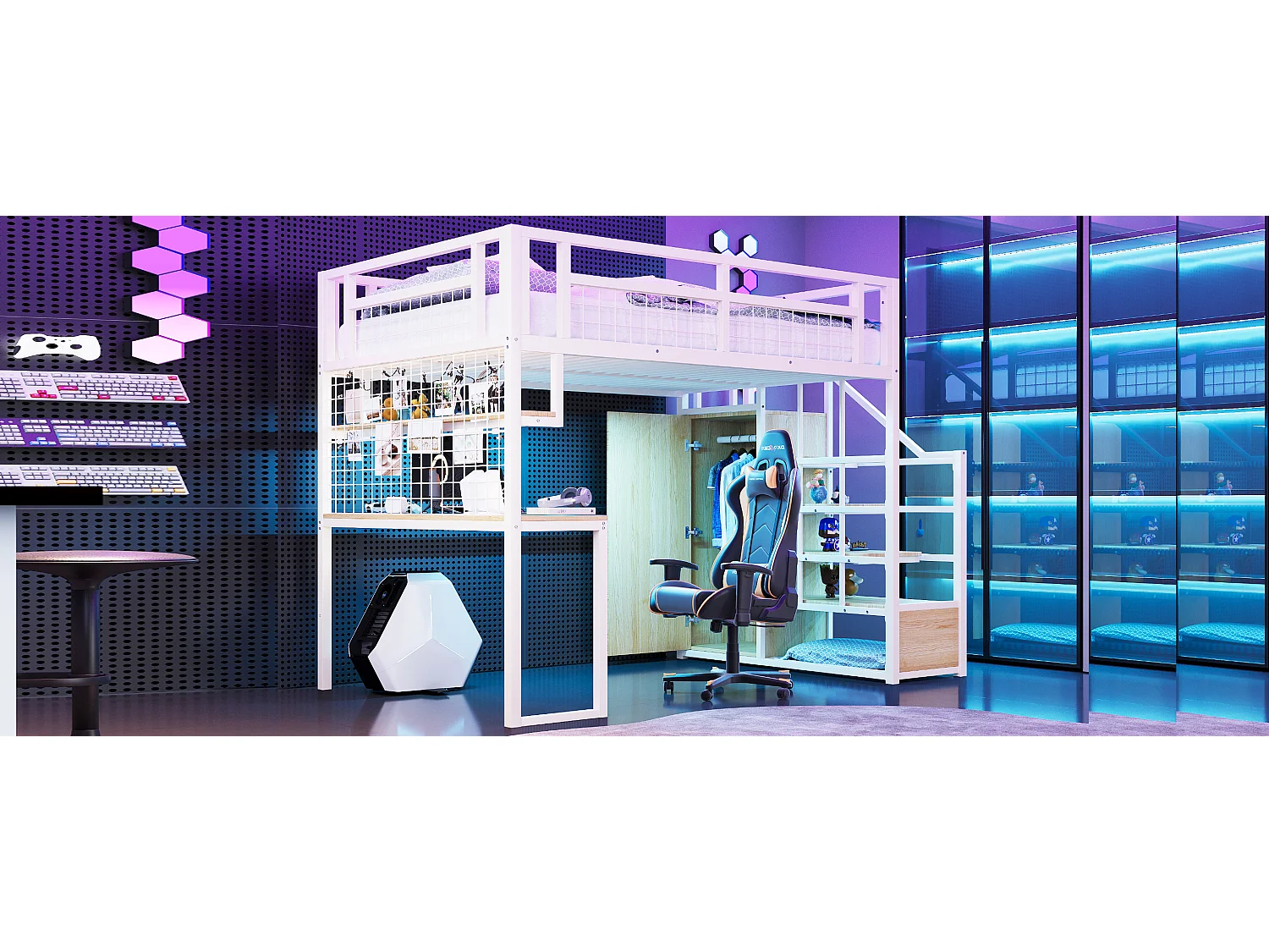 Lit mezzanine en métal - 140 x 200 cm - avec échelle de rangement + penderie + table - blanc