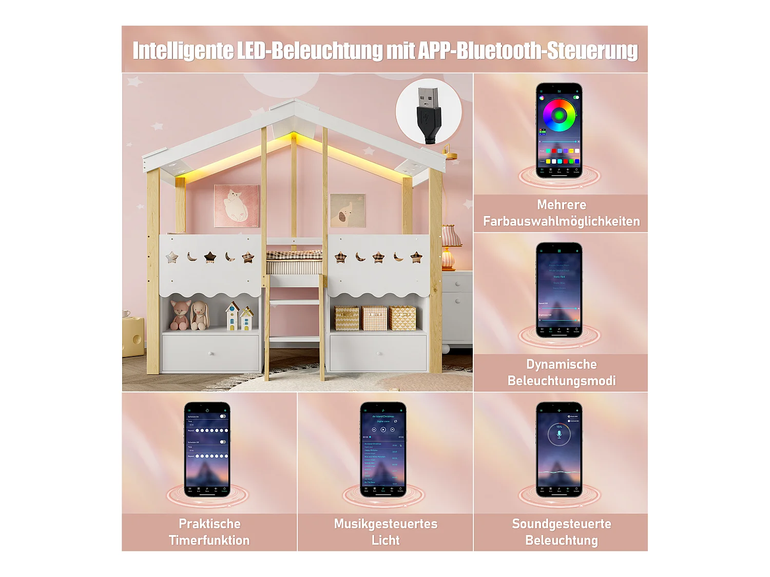 Kinderbed halfhoog - 90 x 200 cm - met 2 lades + LED's - huisvorm - hout - wit + naturel