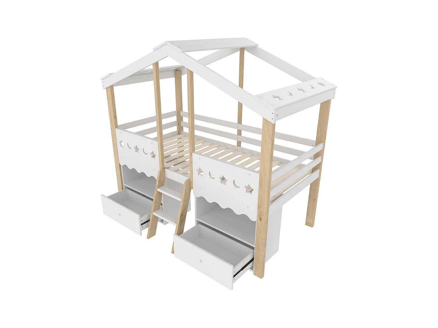 Lit mi-hauteur pour enfant - 90 x 200 cm - avec 2 tiroirs + Leds - forme maison - bois - blanc + naturel