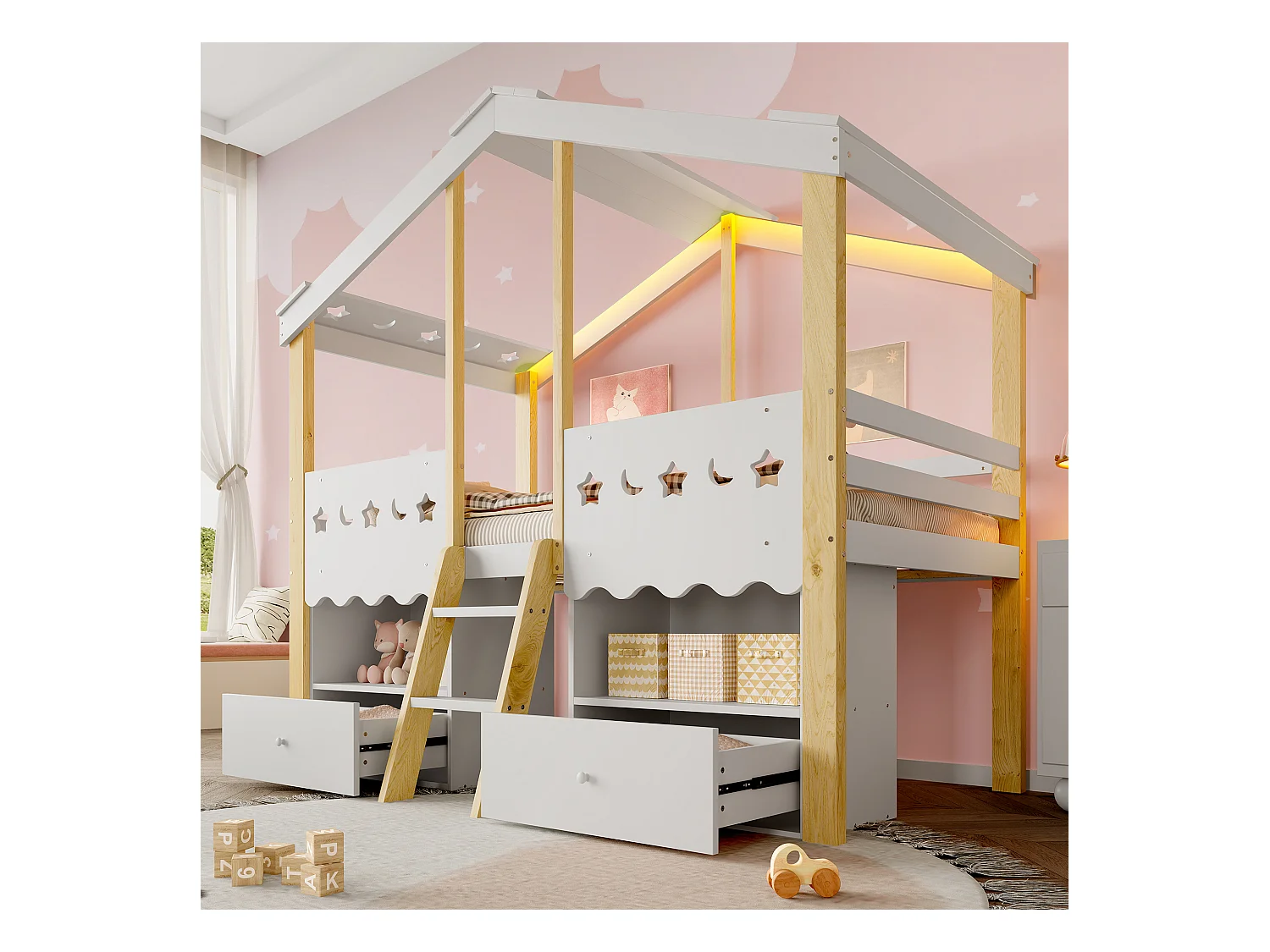Lit mi-hauteur pour enfant - 90 x 200 cm - avec 2 tiroirs + Leds - forme maison - bois - blanc + naturel