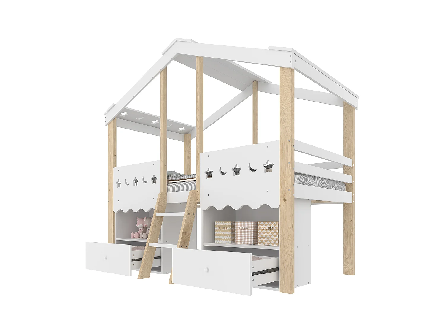 Lit mi-hauteur pour enfant - 90 x 200 cm - avec 2 tiroirs + Leds - forme maison - bois - blanc + naturel