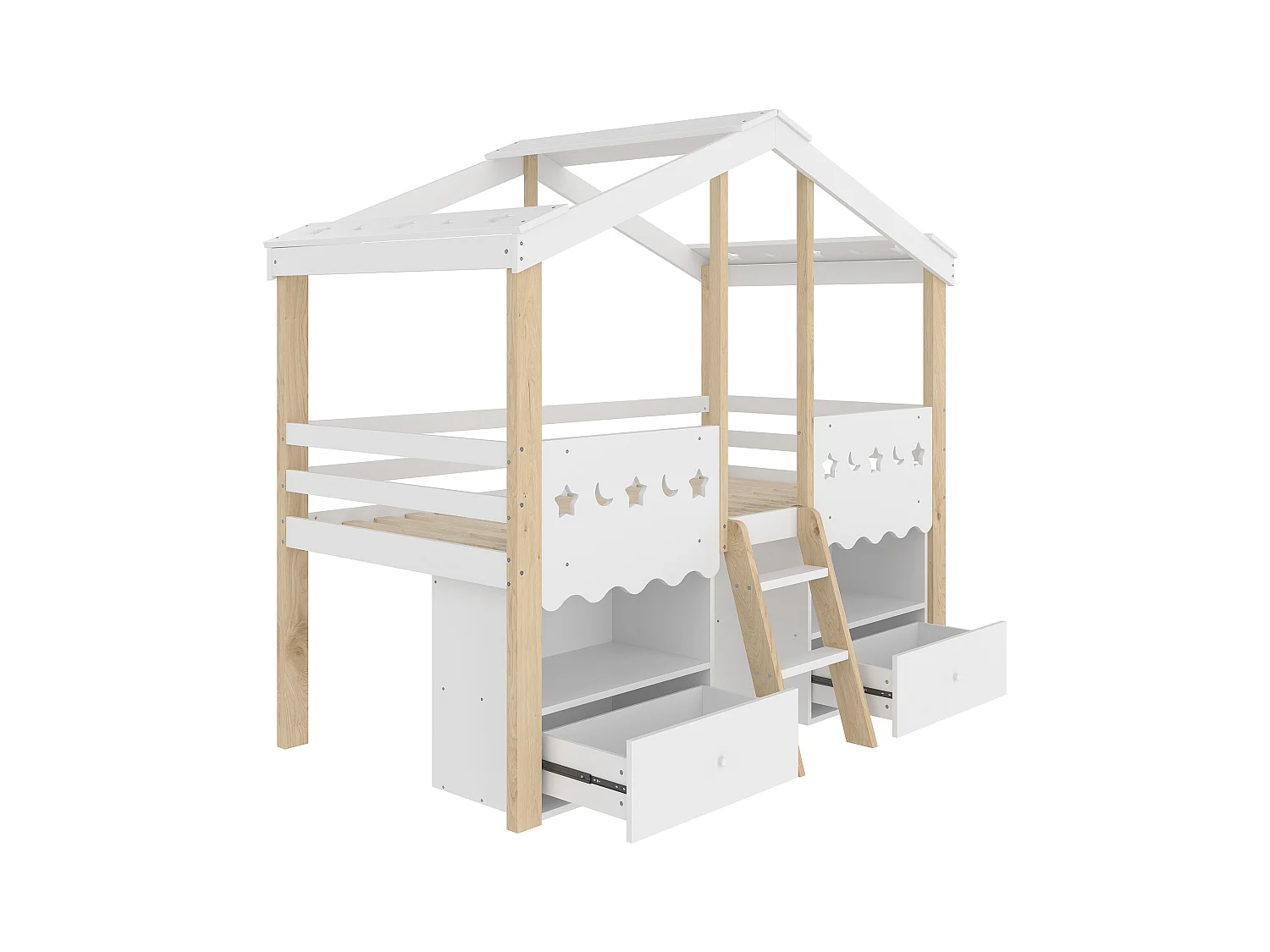 Lit mi-hauteur pour enfant - 90 x 200 cm - avec 2 tiroirs + Leds - forme maison - bois - blanc + naturel