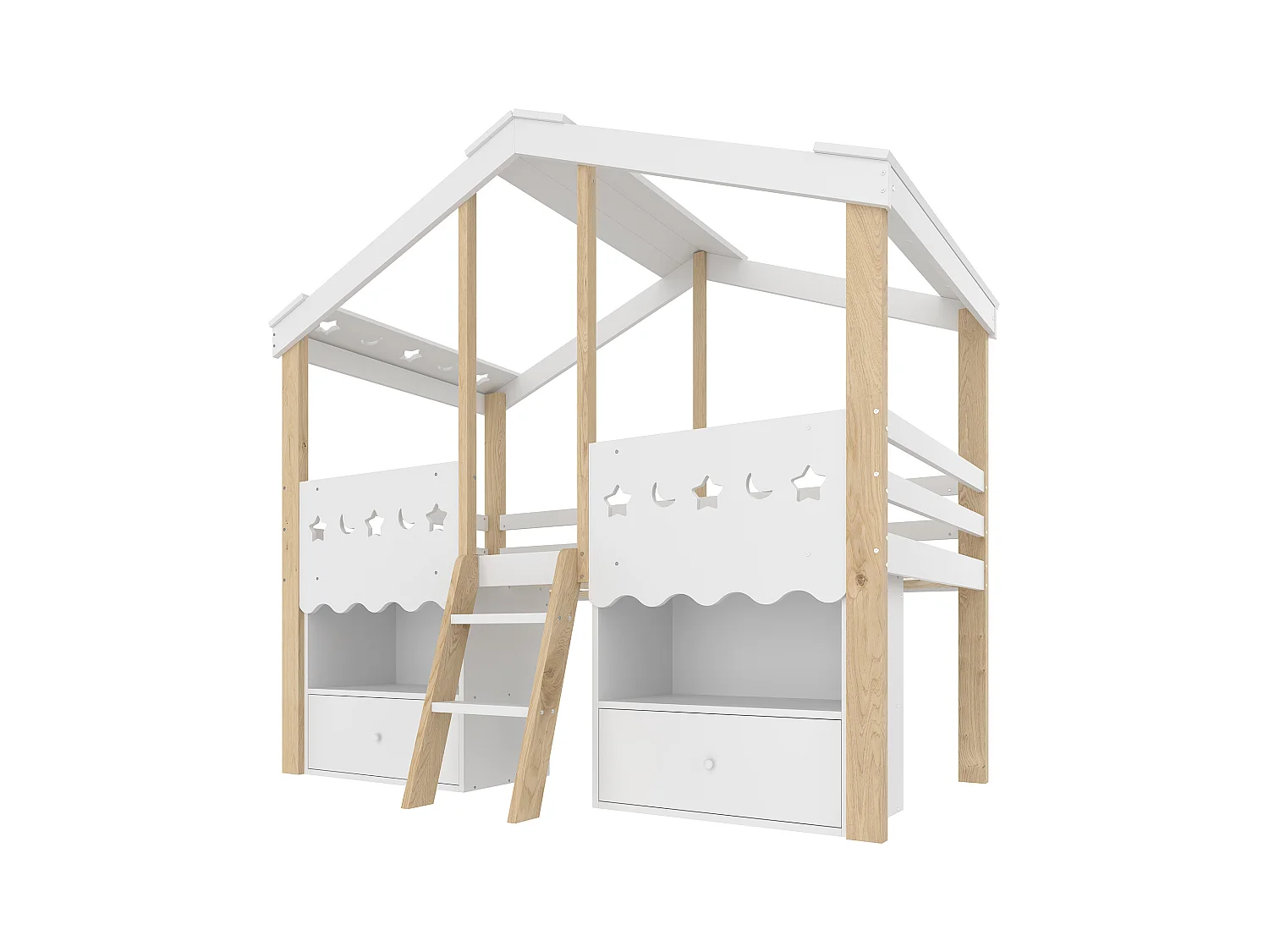 Lit mi-hauteur pour enfant - 90 x 200 cm - avec 2 tiroirs + Leds - forme maison - bois - blanc + naturel