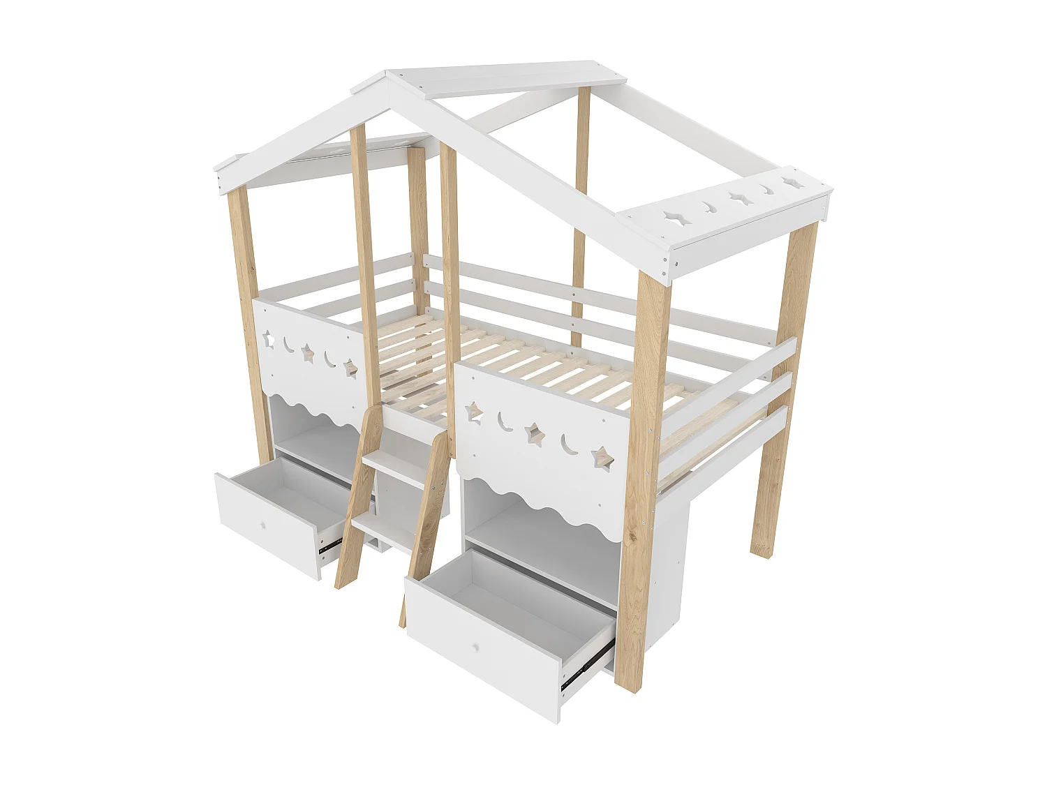 Lit mi-hauteur pour enfant - 90 x 200 cm - avec 2 tiroirs + Leds - forme maison - bois - blanc + naturel