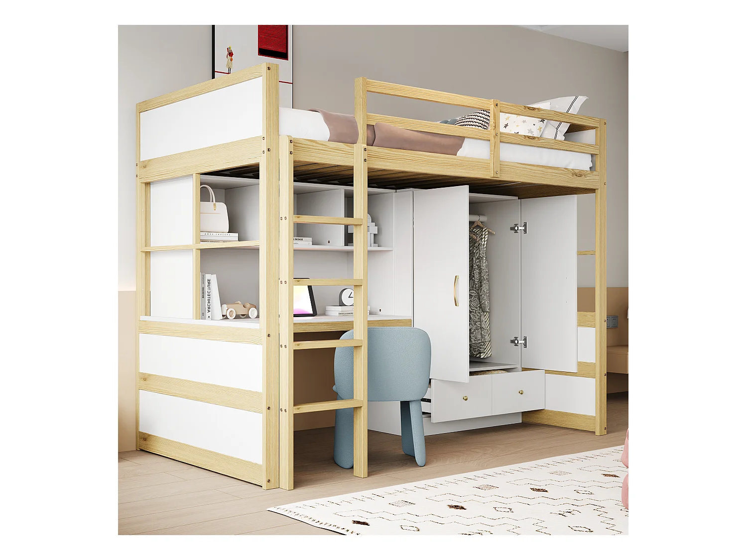 Lit mezzanine enfant - 90 x 200 cm - avec échelle + bureau + penderie + 2 tiroirs - bois - blanc + naturel