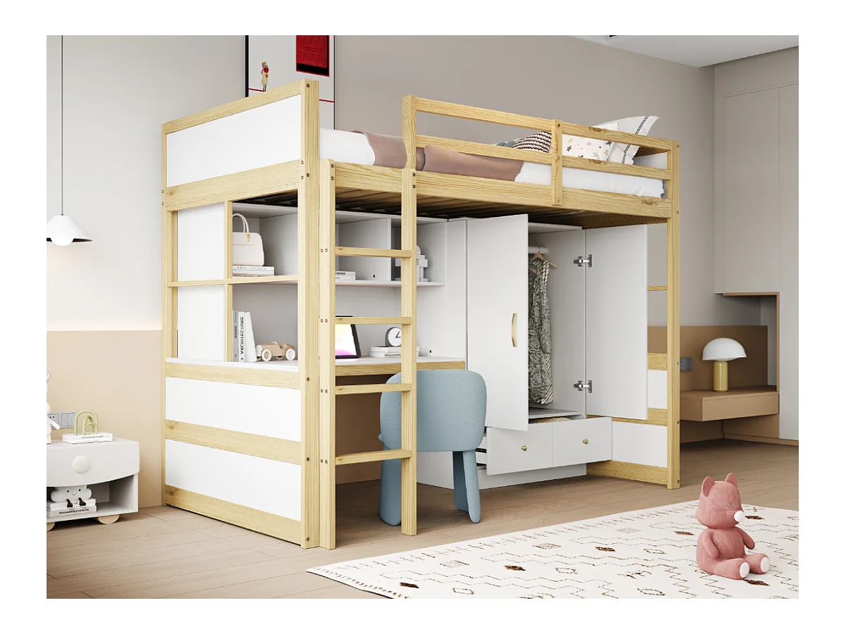 Lit mezzanine enfant - 90 x 200 cm - avec échelle + bureau + penderie + 2 tiroirs - bois - blanc + naturel