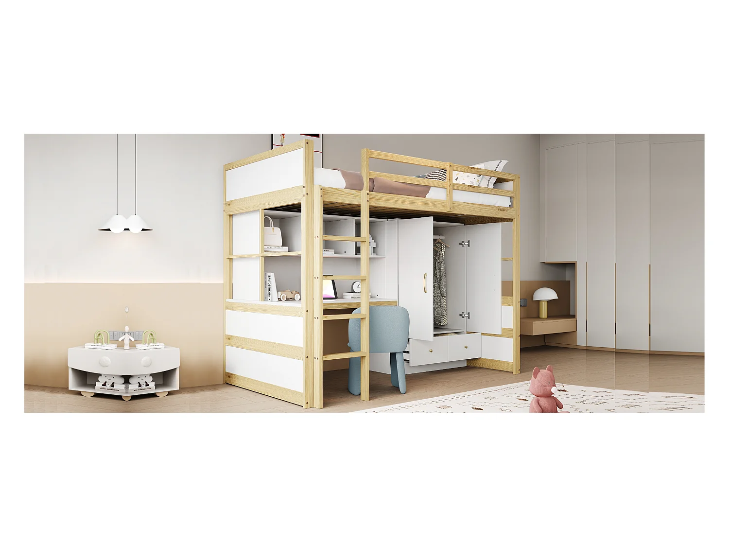 Lit mezzanine enfant - 90 x 200 cm - avec échelle + bureau + penderie + 2 tiroirs - bois - blanc + naturel