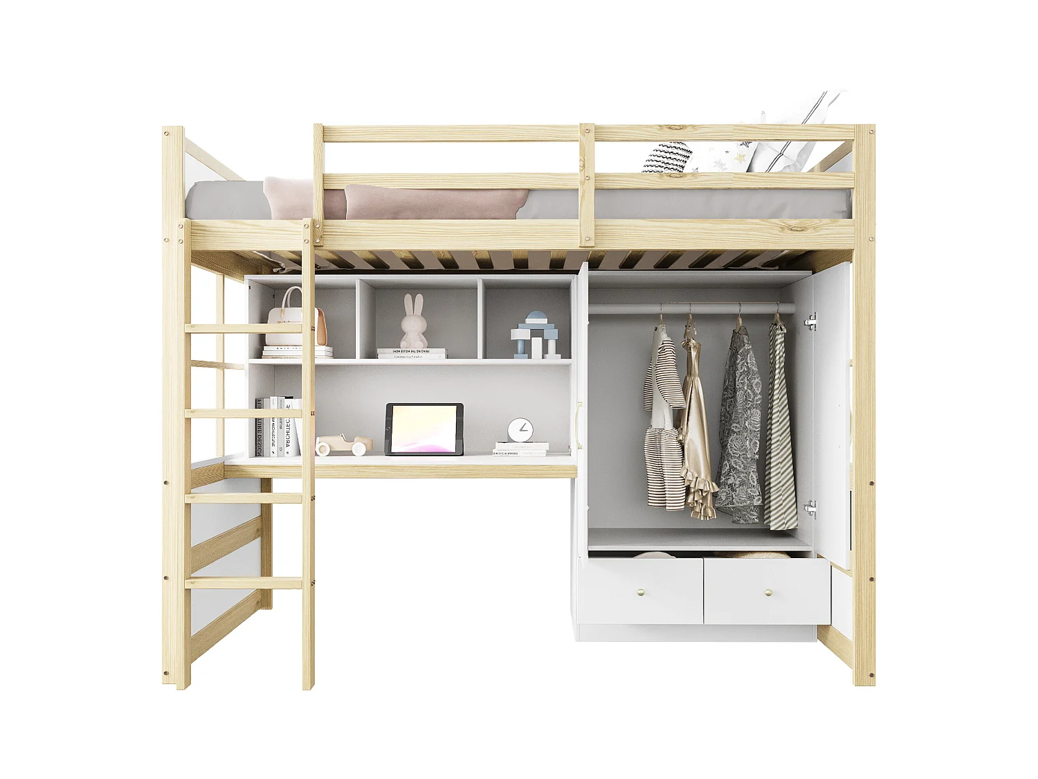 Lit mezzanine enfant - 90 x 200 cm - avec échelle + bureau + penderie + 2 tiroirs - bois - blanc + naturel