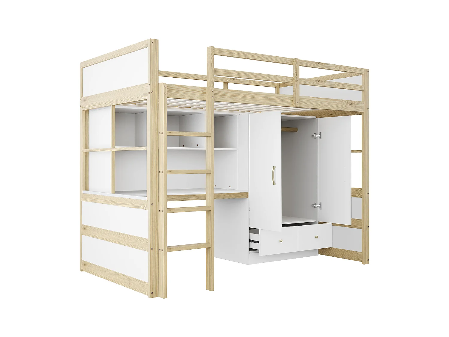Lit mezzanine enfant - 90 x 200 cm - avec échelle + bureau + penderie + 2 tiroirs - bois - blanc + naturel