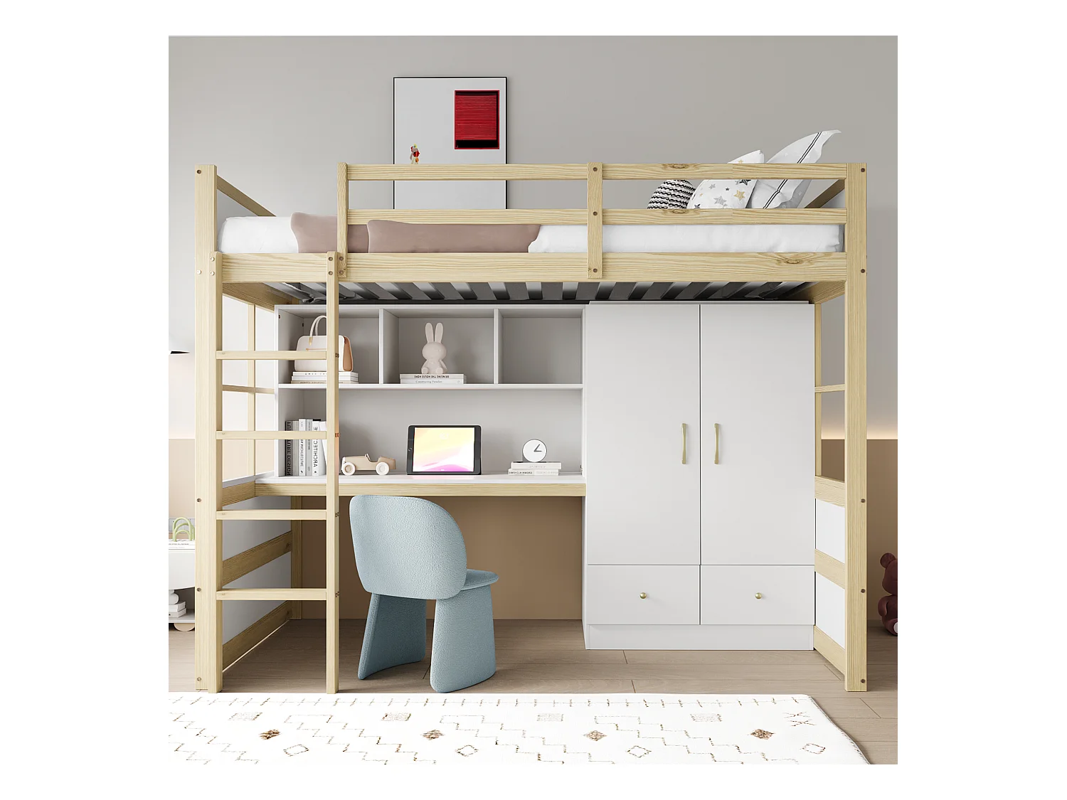 Kinderhochbett - 90 x 200 cm - mit Leiter + Schreibtisch + Kleiderschrank + 2 Schubladen - Holz - weiß + natur