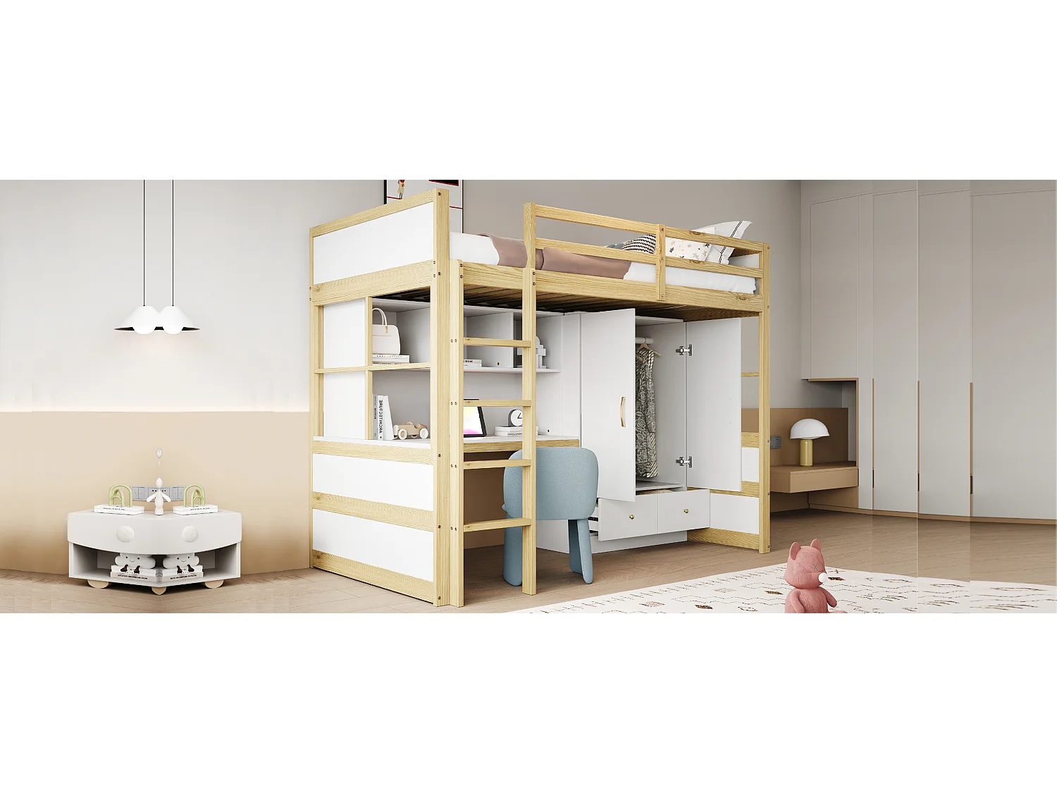 Lit mezzanine enfant - 90 x 200 cm - avec échelle + bureau + penderie + 2 tiroirs - bois - blanc + naturel